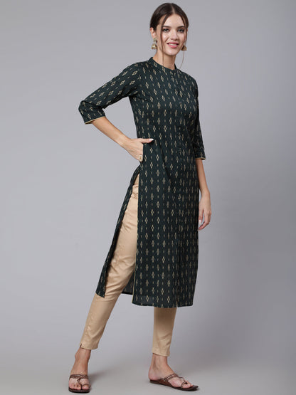 Green Printed Straight Kurta With Three Quarter Sleeves