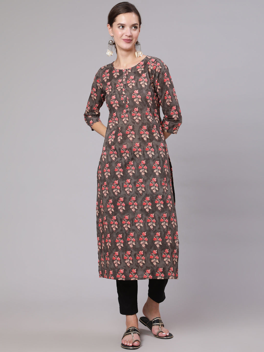 Charcoal Grey Printed Straight Kurta