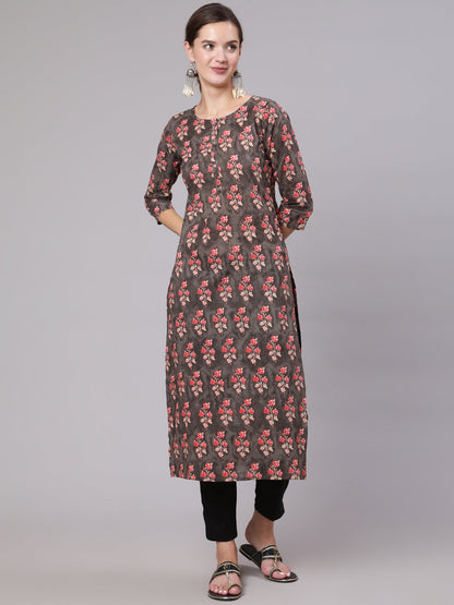 Charcoal Grey Printed Straight Kurta