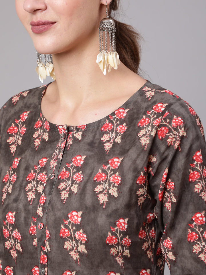 Charcoal Grey Printed Straight Kurta
