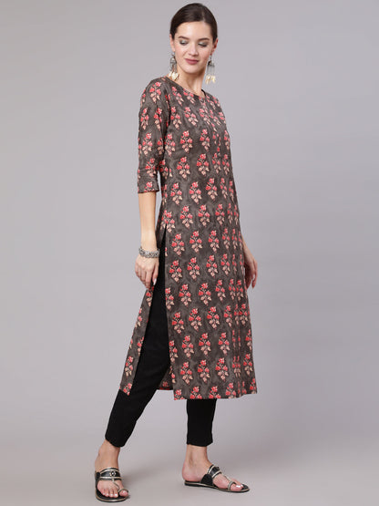 Charcoal Grey Printed Straight Kurta