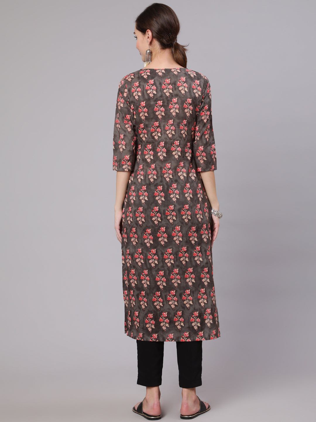 Charcoal Grey Printed Straight Kurta