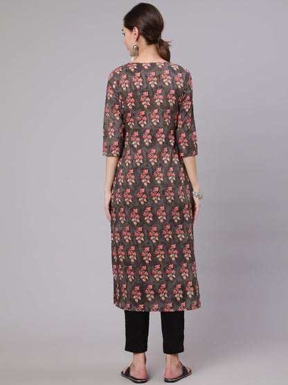 Charcoal Grey Printed Straight Kurta