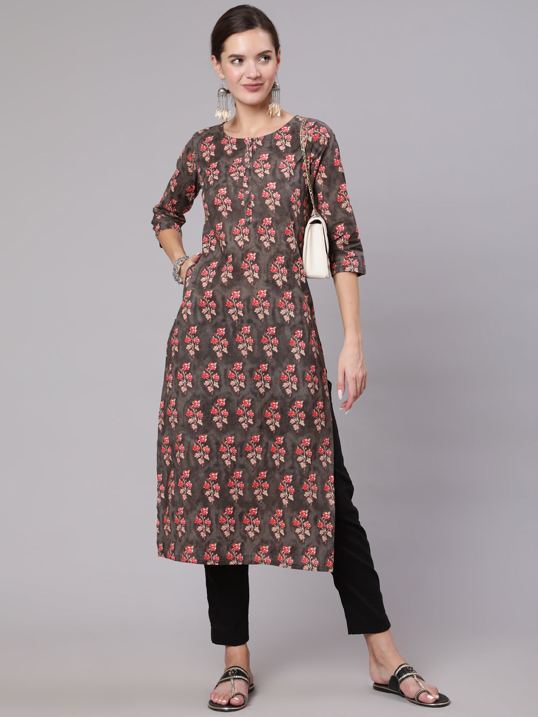 Charcoal Grey Printed Straight Kurta