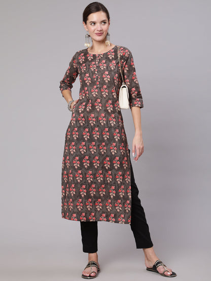 Charcoal Grey Printed Straight Kurta