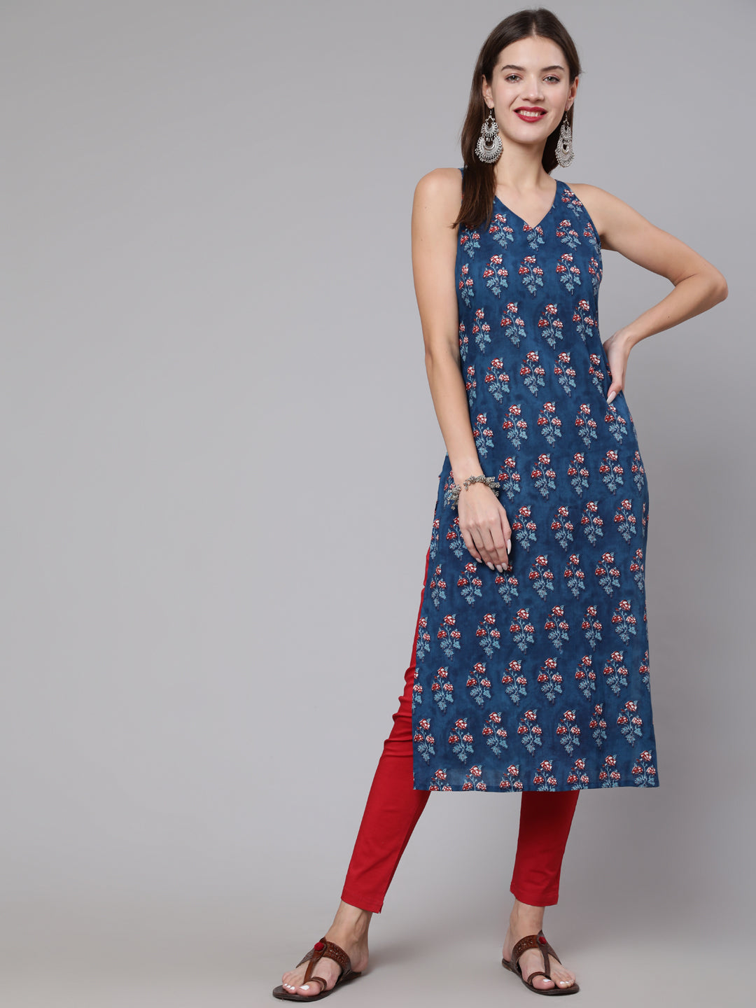 Blue Printed Straight Kurta With Three Quarter Sleeves