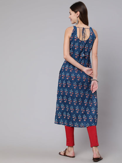 Blue Printed Straight Kurta With Three Quarter Sleeves