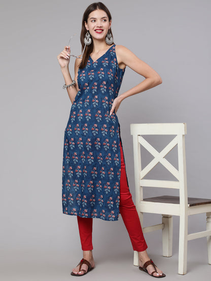 Blue Printed Straight Kurta With Three Quarter Sleeves