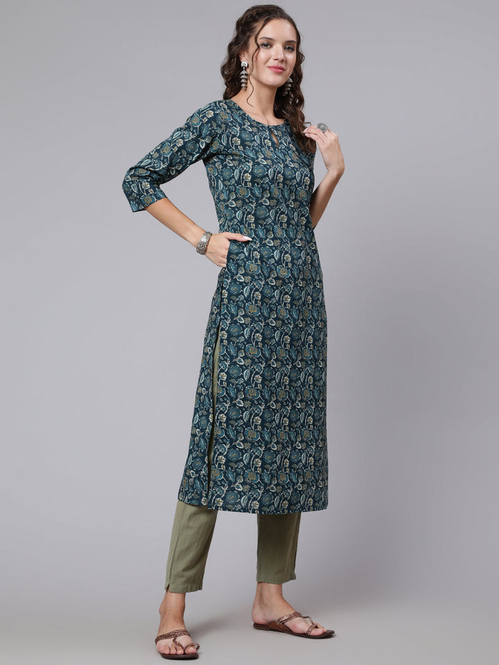 Teal Blue Printed straight kurta with three quarter sleeves