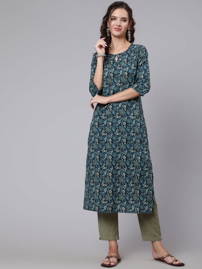 Teal Blue Printed straight kurta with three quarter sleeves