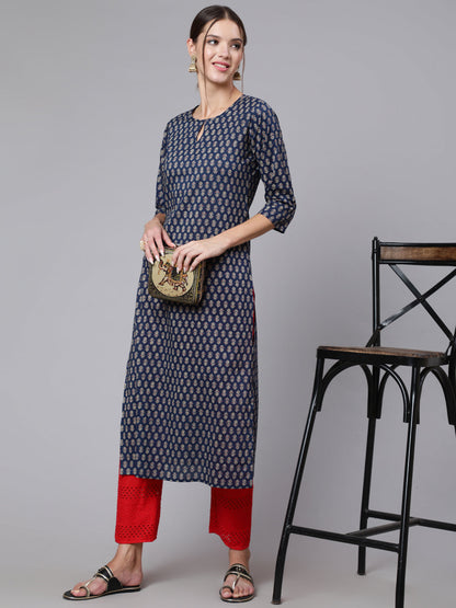 Blue Printed straight kurta with three quarter sleeves