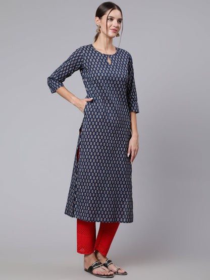 Blue Printed straight kurta with three quarter sleeves