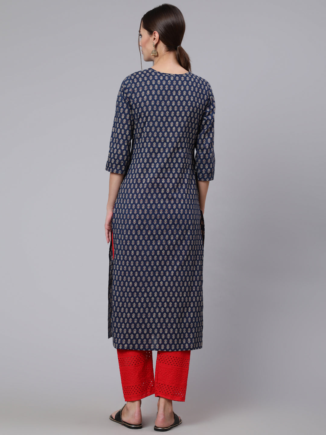 Blue Printed straight kurta with three quarter sleeves