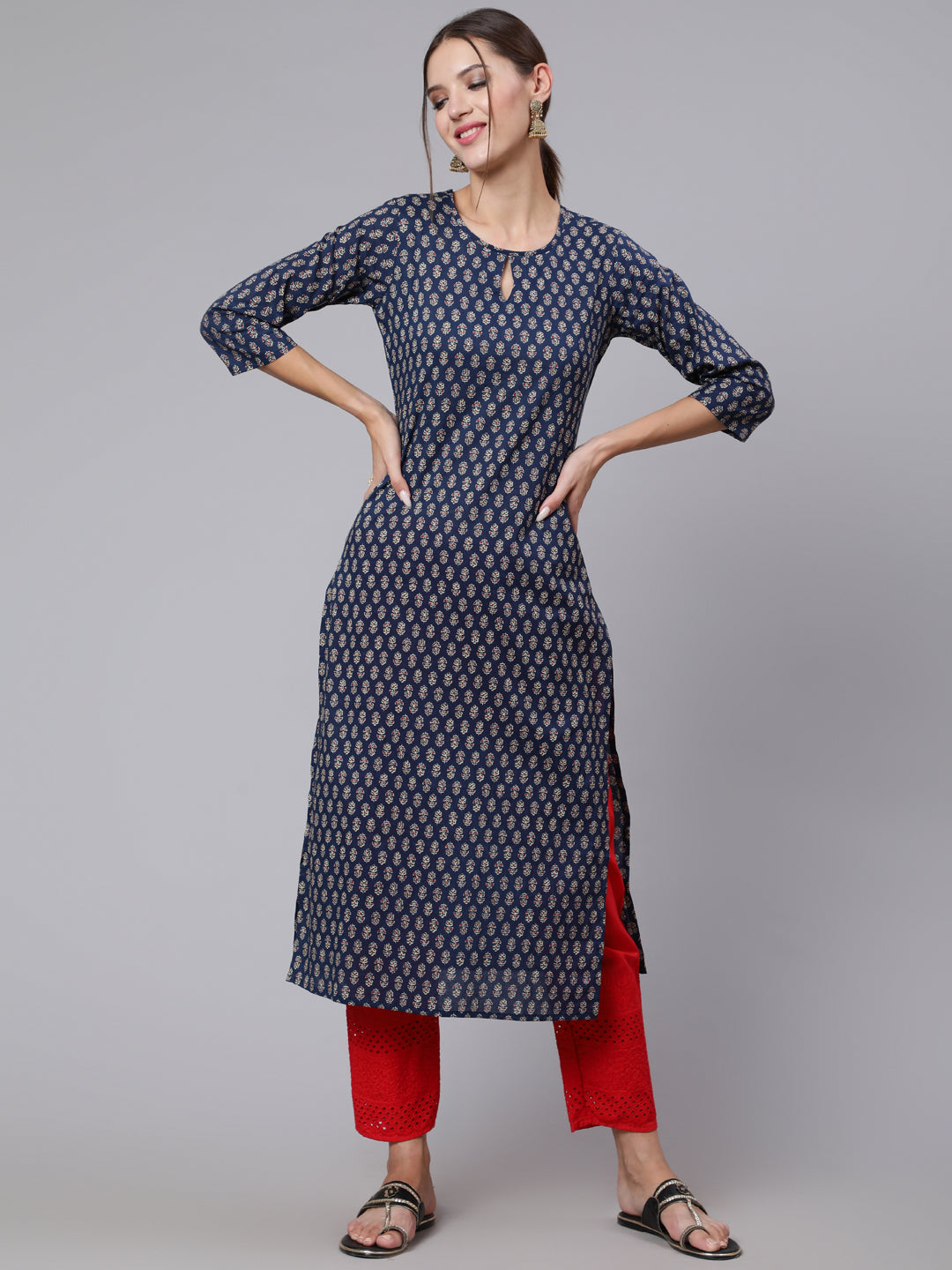 Blue Printed straight kurta with three quarter sleeves