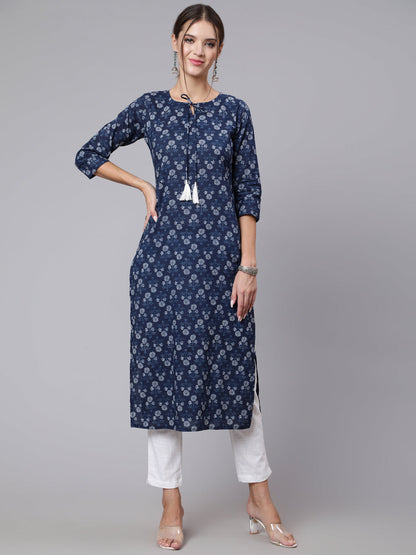 Blue Printed straight kurta with three quarter sleeves