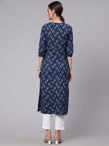 Blue Printed straight kurta with three quarter sleeves