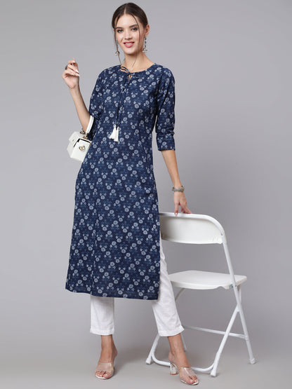 Blue Printed straight kurta with three quarter sleeves