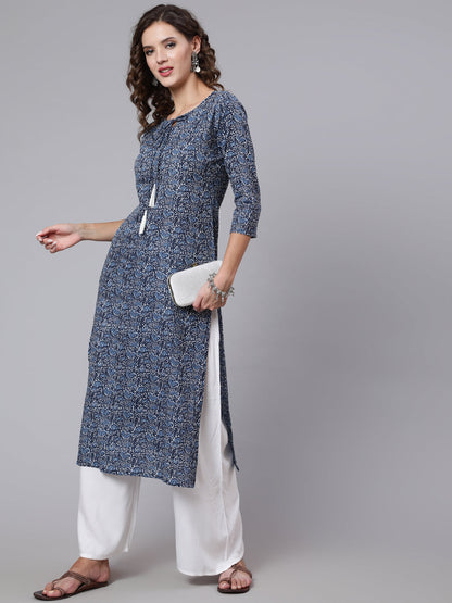 Blue Printed straight kurta with three quarter sleeves