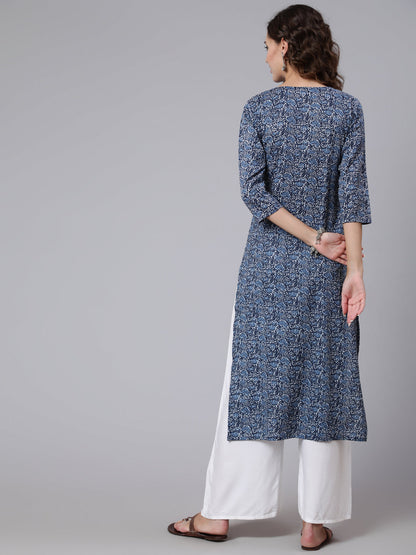 Blue Printed straight kurta with three quarter sleeves