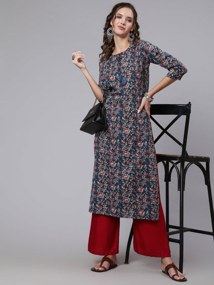 Blue Printed straight kurta with three quarter sleeves