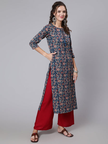 Blue Printed straight kurta with three quarter sleeves