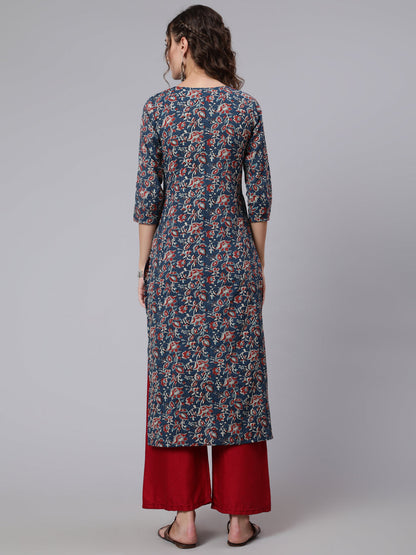 Blue Printed straight kurta with three quarter sleeves