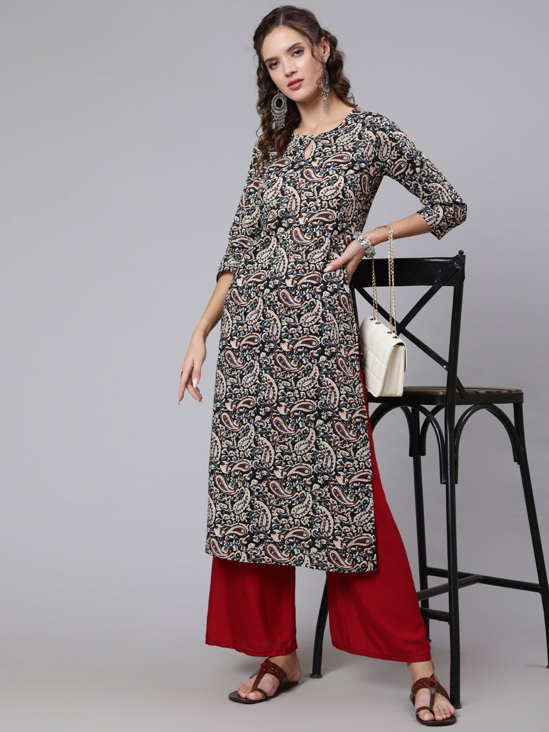 Black Paisley Printed straight Key hole Neck kurta with three quarter sleeves