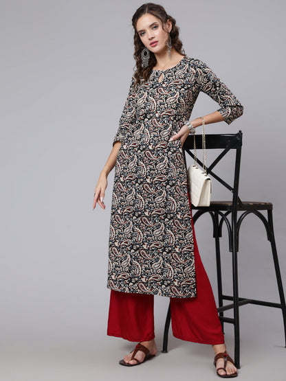 Black Paisley Printed straight Key hole Neck kurta with three quarter sleeves
