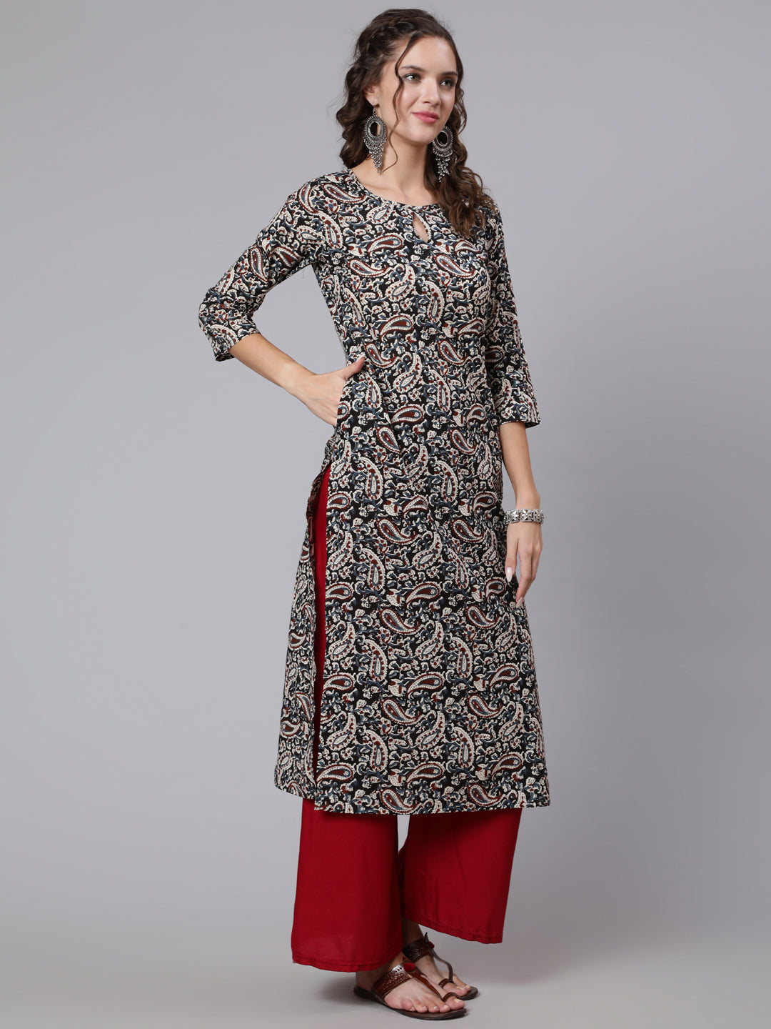 Black Paisley Printed straight Key hole Neck kurta with three quarter sleeves