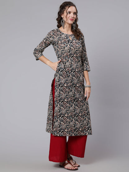 Black Paisley Printed straight Key hole Neck kurta with three quarter sleeves