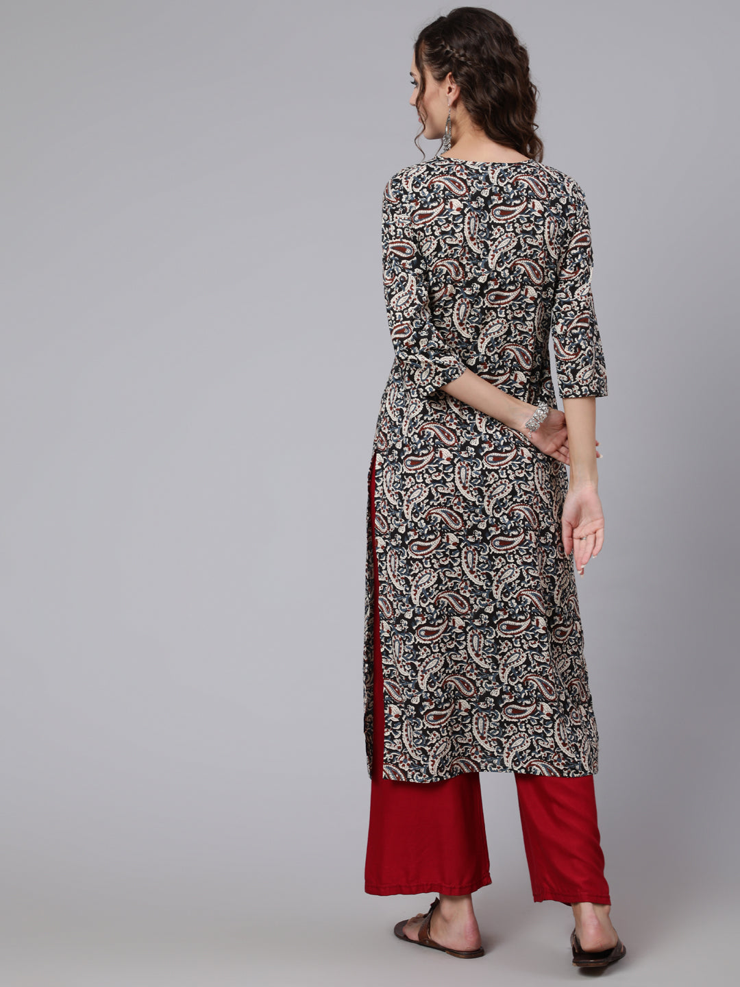 Black Paisley Printed straight Key hole Neck kurta with three quarter sleeves