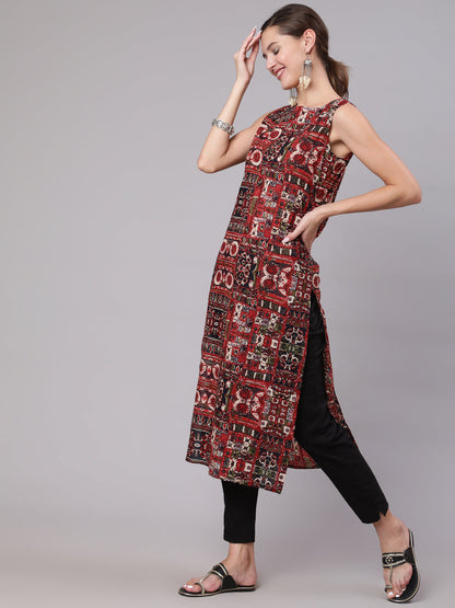 Multi Color Geometric Printed Sleeveless Straight Kurta