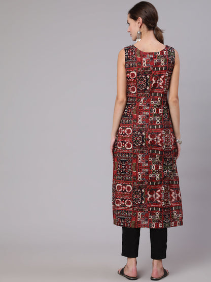 Multi Color Geometric Printed Sleeveless Straight Kurta