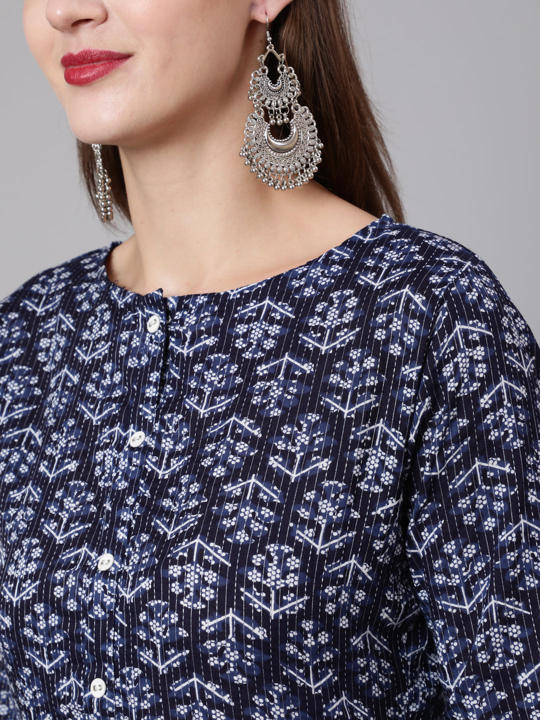 Navy Blue Printed Straight Kurta With Three Quarter Sleeves
