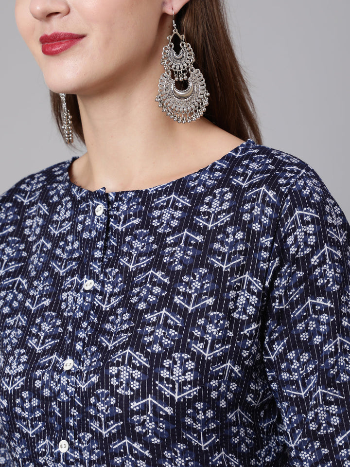 Navy Blue Printed Straight Kurta With Three Quarter Sleeves