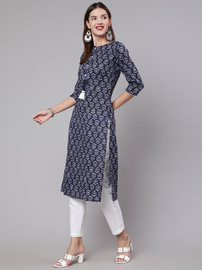 Navy Blue Printed Straight Kurta With Three Quarter Sleeves