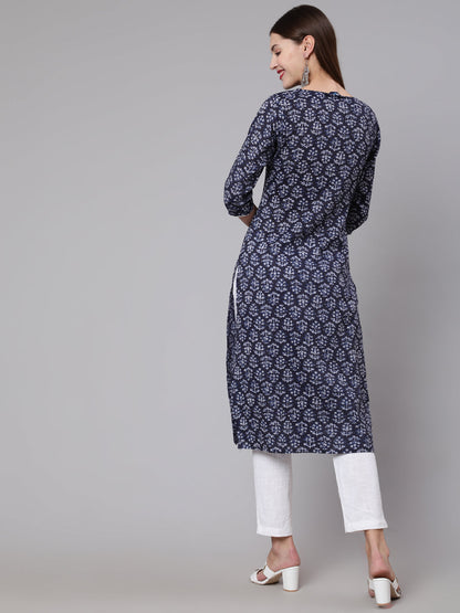 Navy Blue Printed Straight Kurta With Three Quarter Sleeves