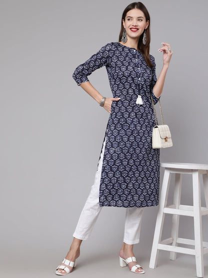 Navy Blue Printed Straight Kurta With Three Quarter Sleeves