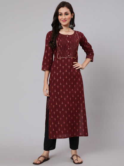 Burgundy Ethnic Printed Straight Kurta With Three Quarter Sleeves