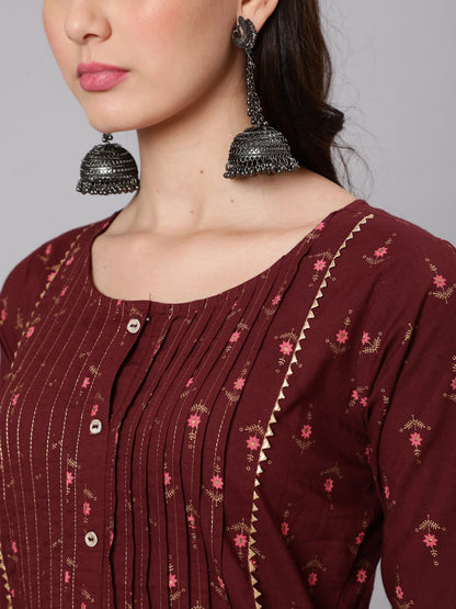 Burgundy Ethnic Printed Straight Kurta With Three Quarter Sleeves