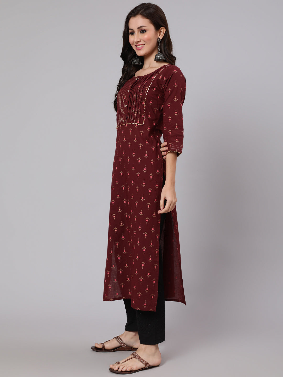 Burgundy Ethnic Printed Straight Kurta With Three Quarter Sleeves