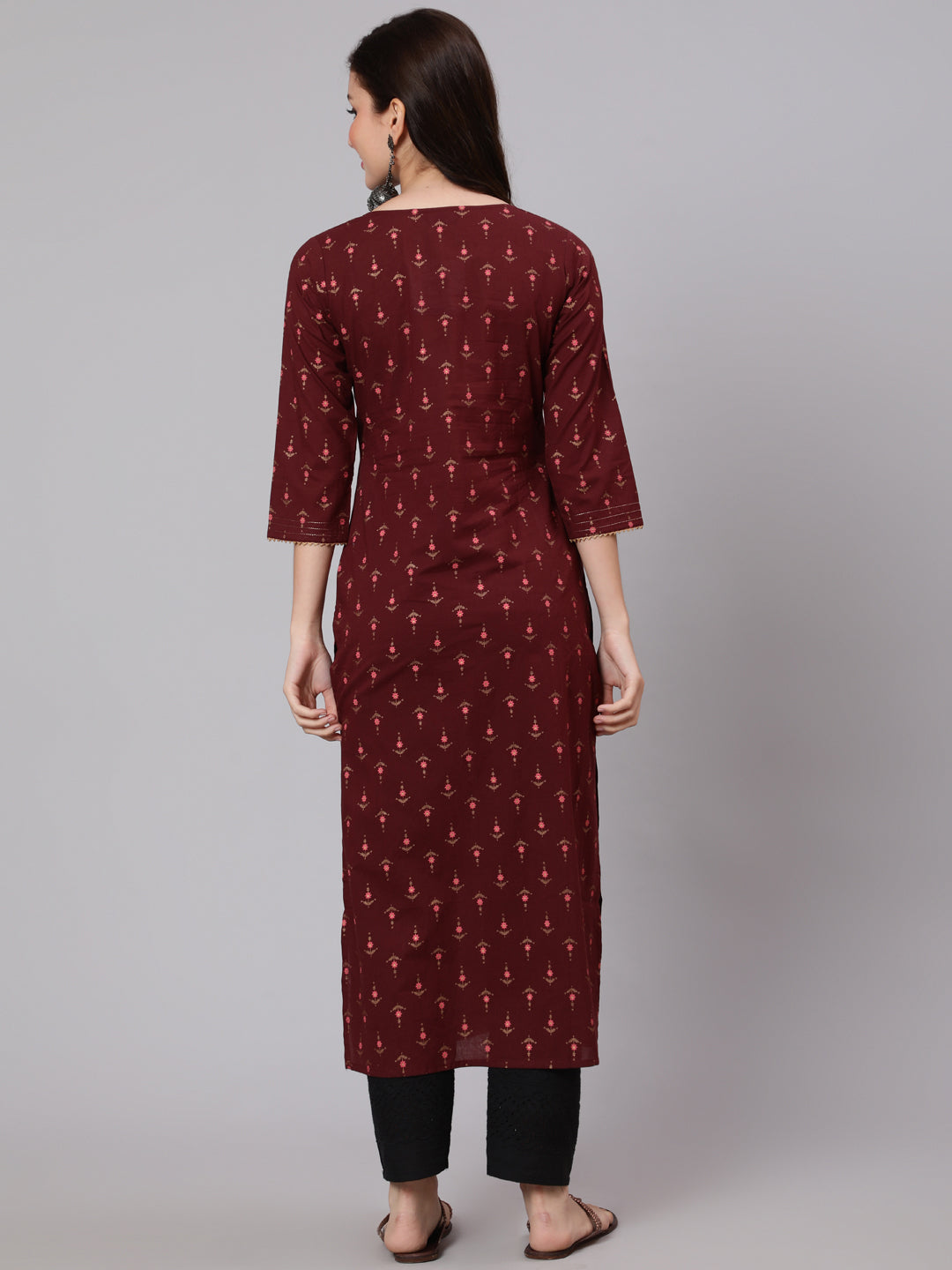 Burgundy Ethnic Printed Straight Kurta With Three Quarter Sleeves