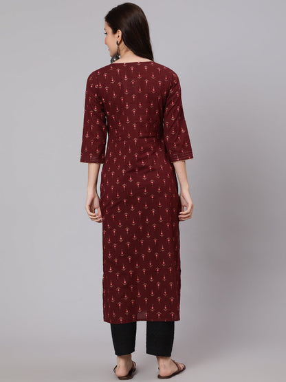 Burgundy Ethnic Printed Straight Kurta With Three Quarter Sleeves