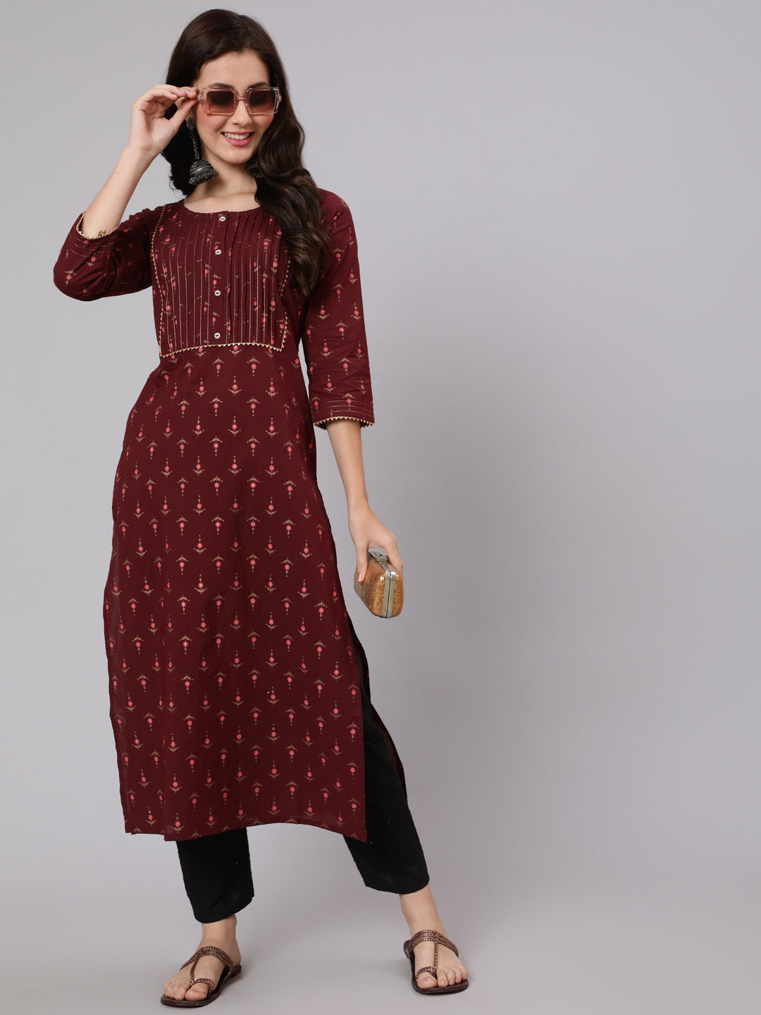 Burgundy Ethnic Printed Straight Kurta With Three Quarter Sleeves
