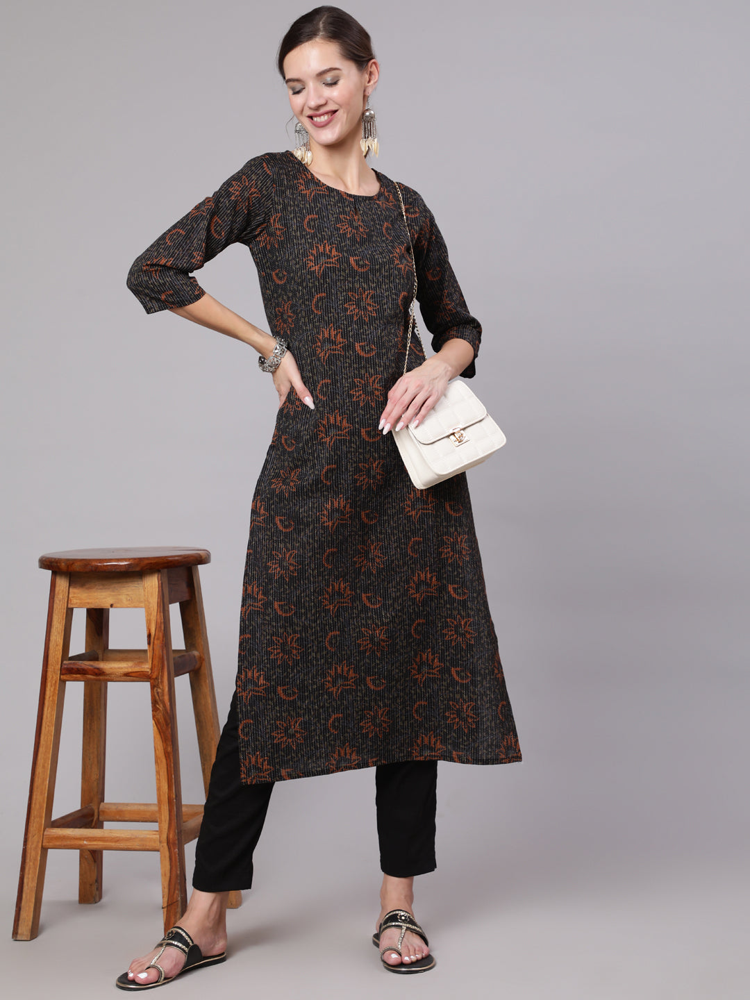 Black Printed straight kurta with three quarter sleeves