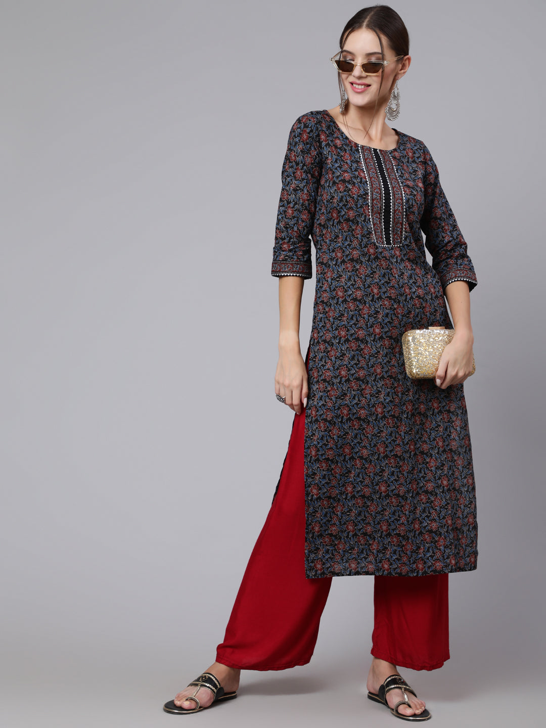 Black Printed straight kurta with three quarter sleeves