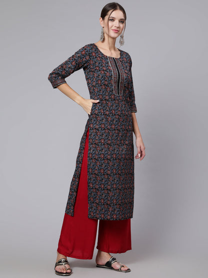 Black Printed straight kurta with three quarter sleeves