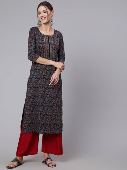 Black Printed straight kurta with three quarter sleeves