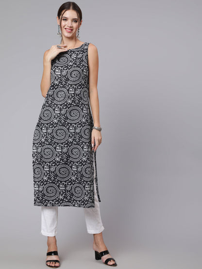 Black Kantha Printe Straight Sleeveless Kurta