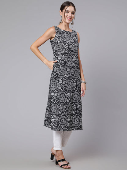 Black Kantha Printe Straight Sleeveless Kurta